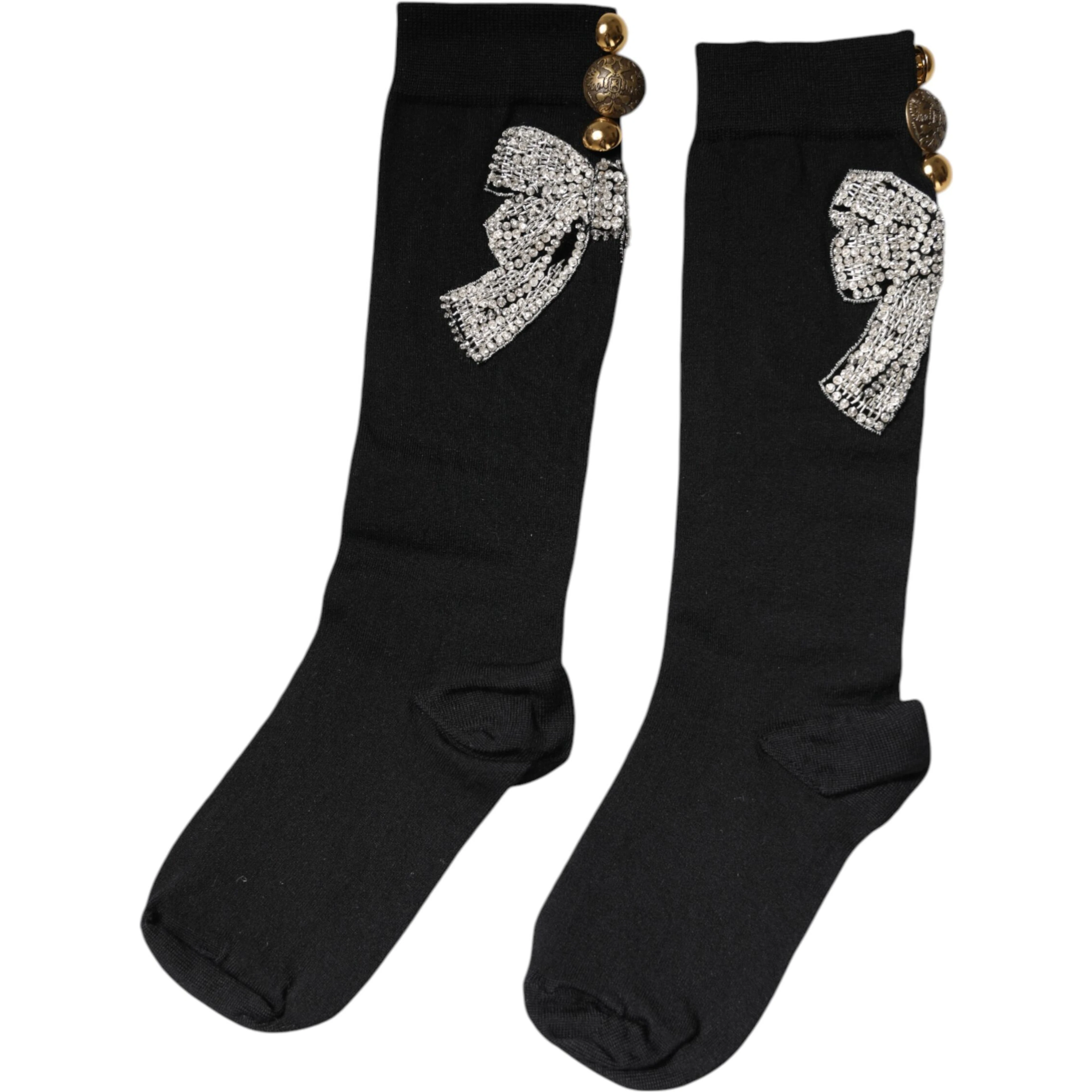 Black Knit Floral Crystal Embellishment Socks