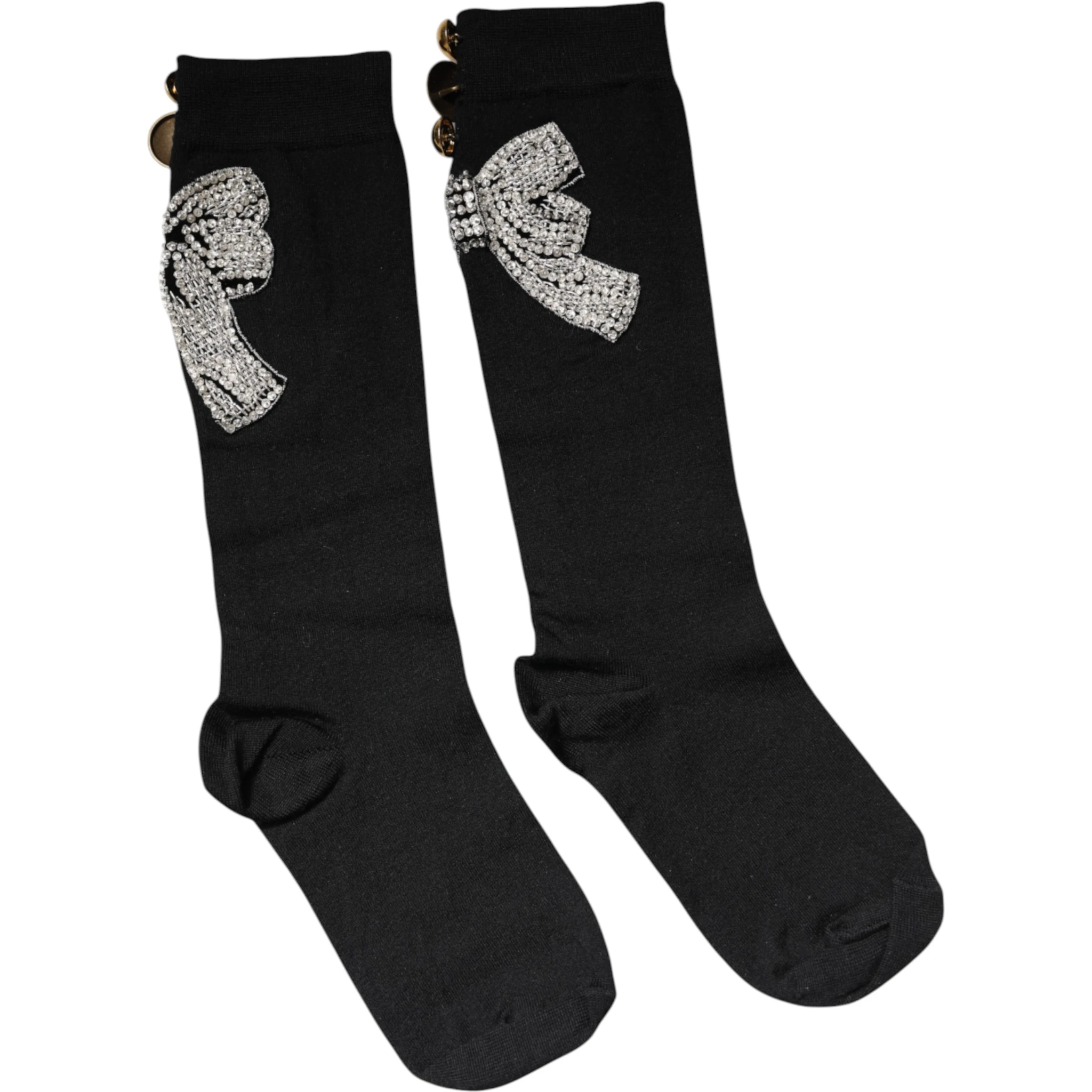 Black Knit Floral Crystal Embellishment Socks