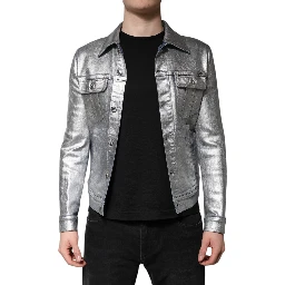 Silver Cotton Button Down Denim Biker Jacket