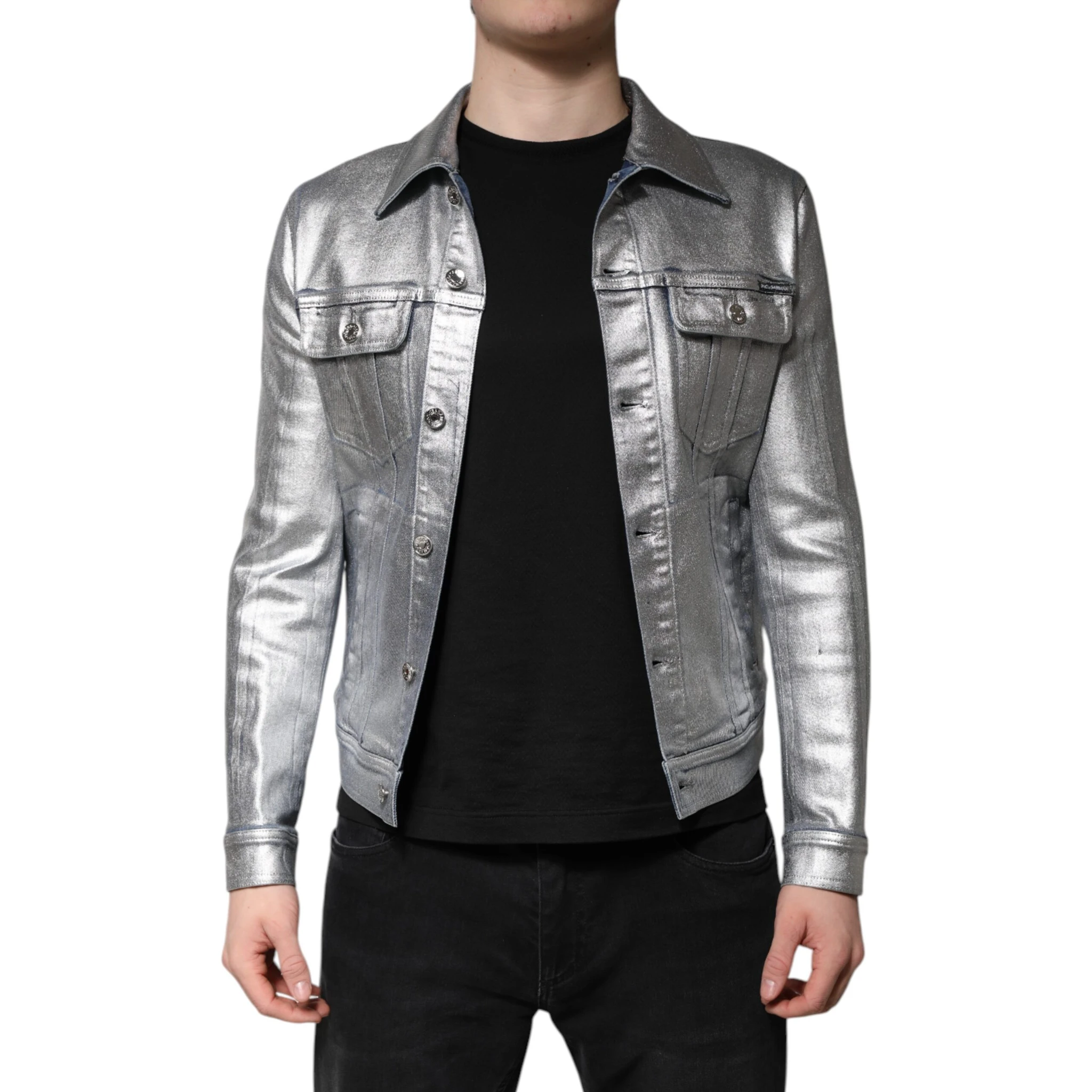 Silver Cotton Button Down Denim Biker Jacket