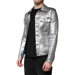 Silver Cotton Button Down Denim Biker Jacket