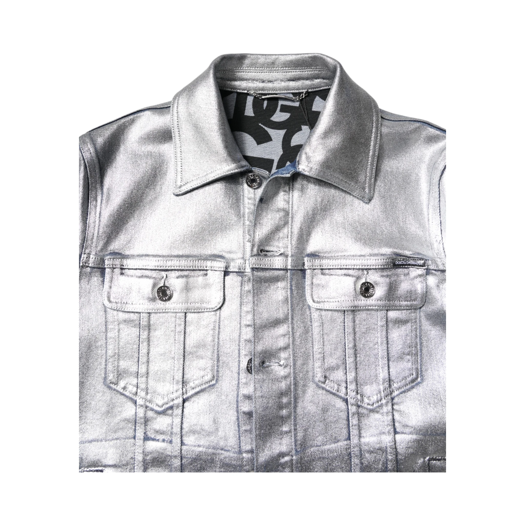 Silver Cotton Button Down Denim Biker Jacket