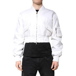 White Nylon Full Zip Cropped Bomber Jacket