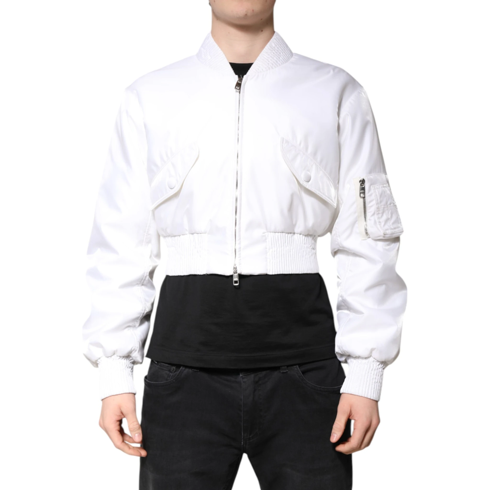 White Nylon Full Zip Cropped Bomber Jacket