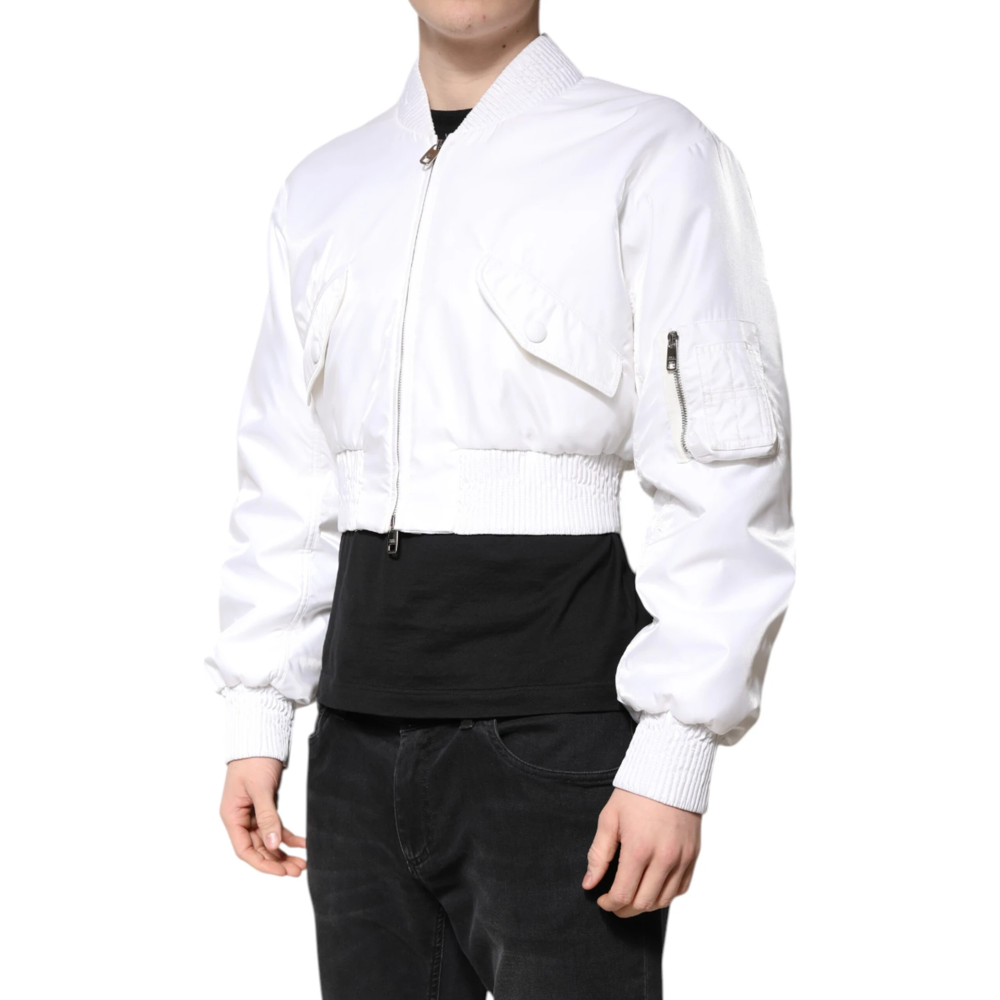 White Nylon Full Zip Cropped Bomber Jacket