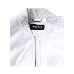 White Nylon Full Zip Cropped Bomber Jacket