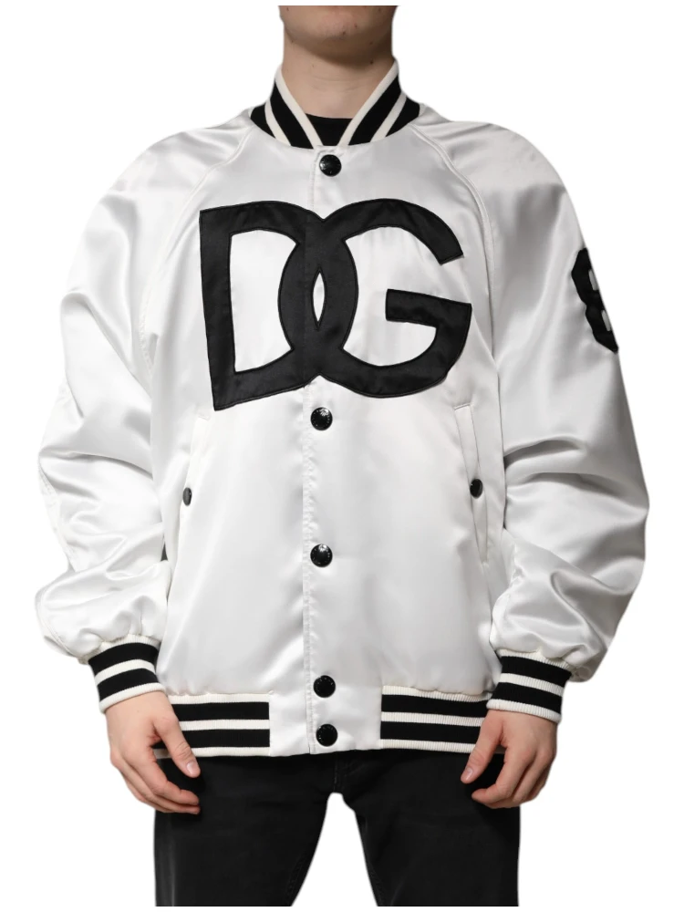 White DG Logo Polyester Jersey Bomber Jacket