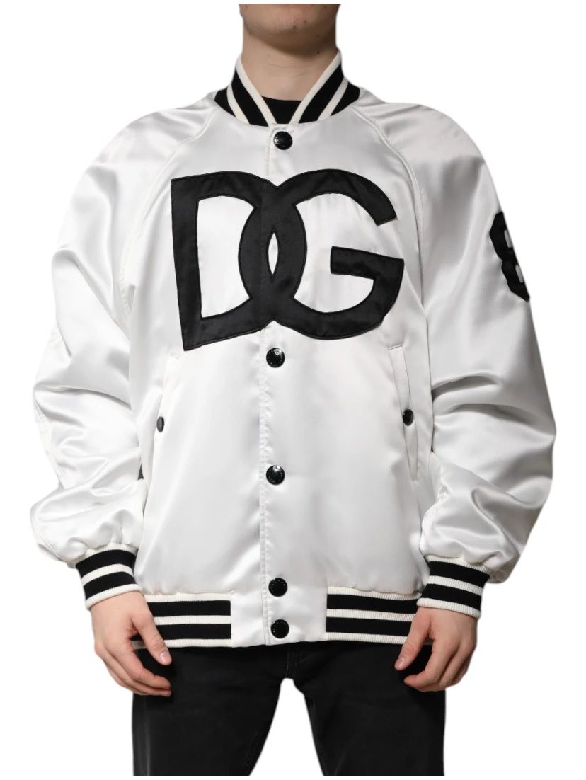 White DG Logo Polyester Jersey Bomber Jacket