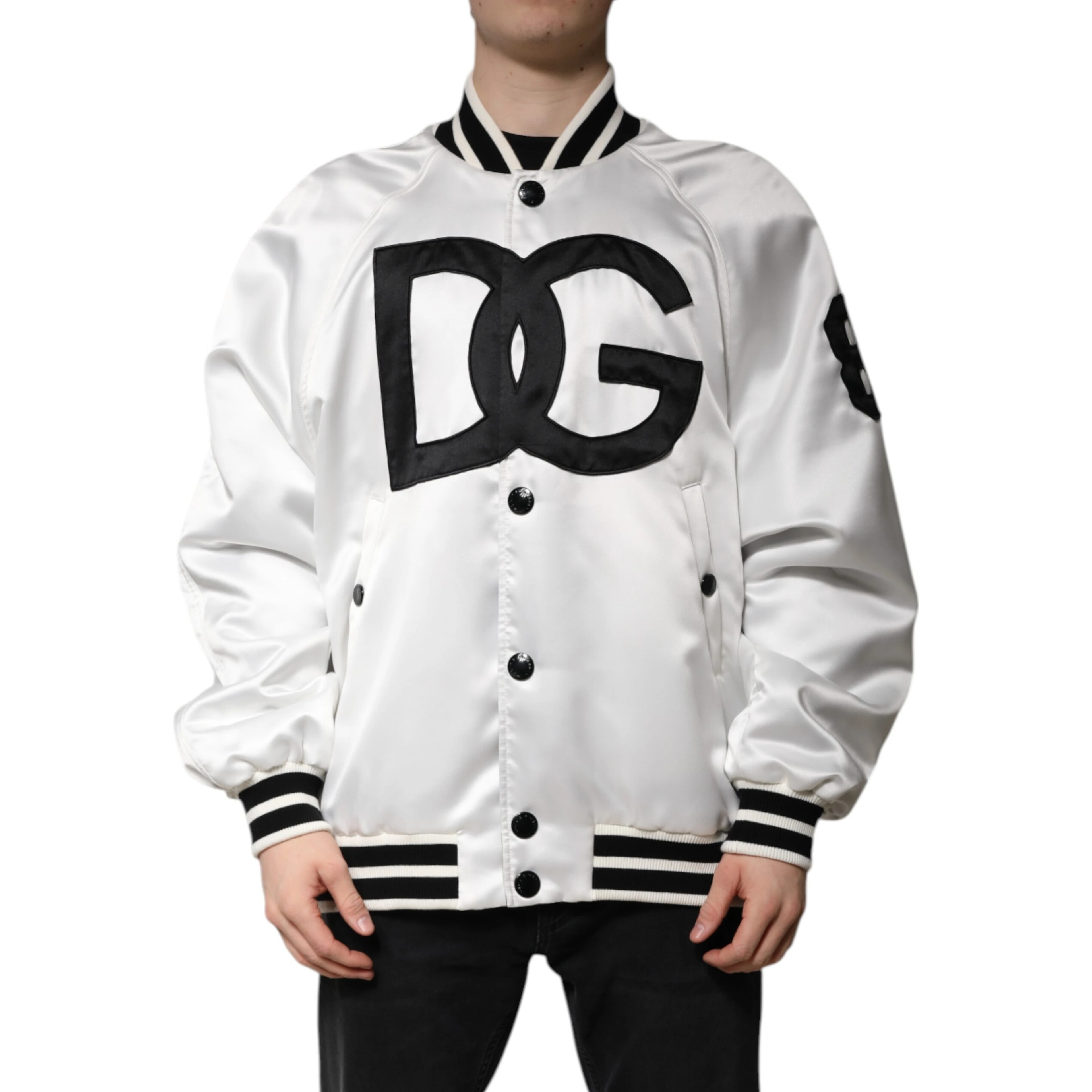White DG Logo Polyester Jersey Bomber Jacket