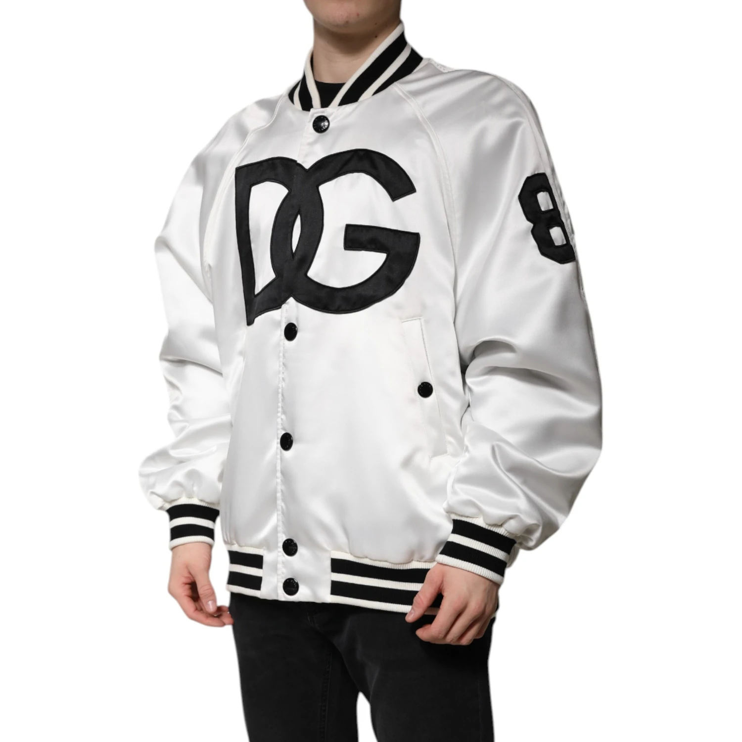 White DG Logo Polyester Jersey Bomber Jacket