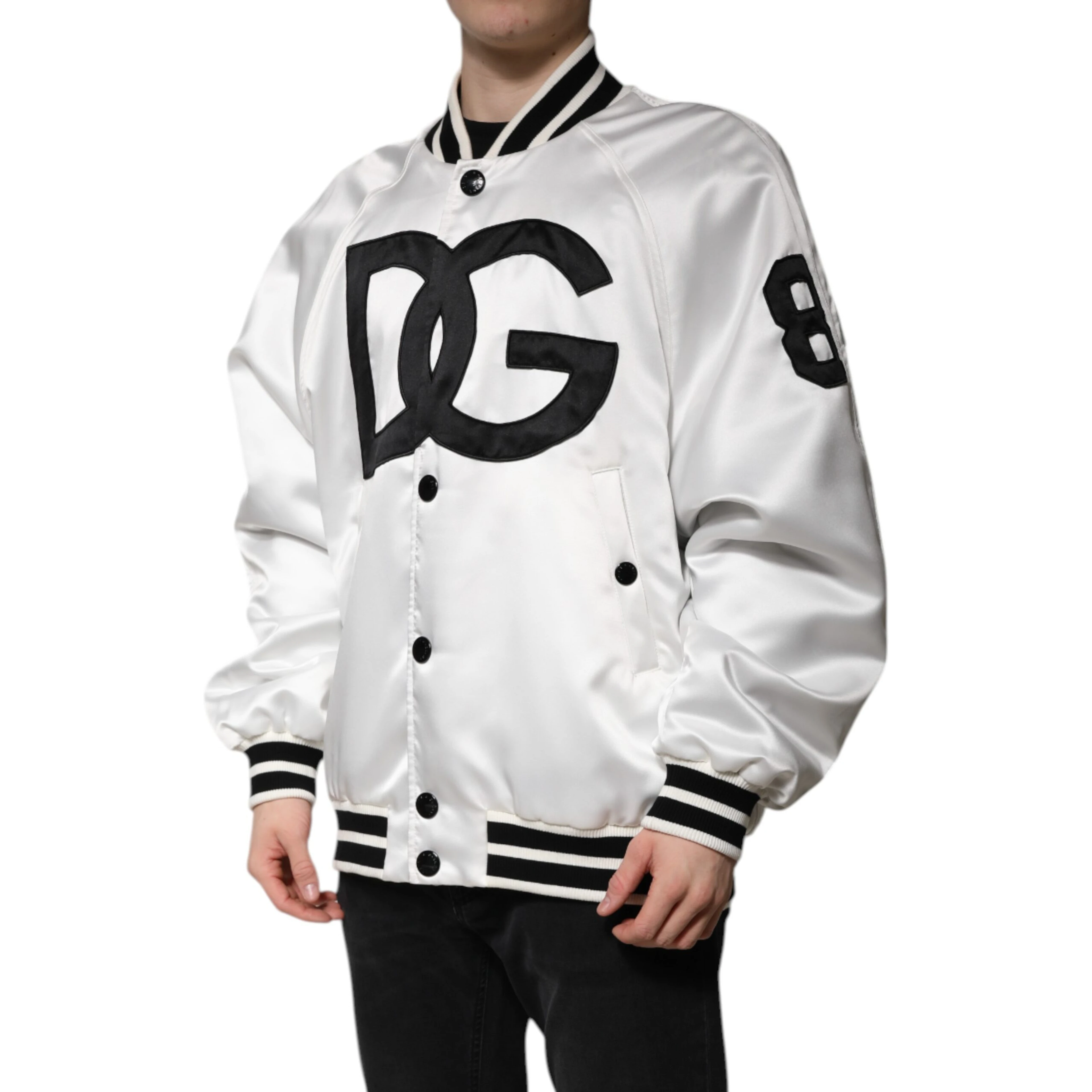 White DG Logo Polyester Jersey Bomber Jacket