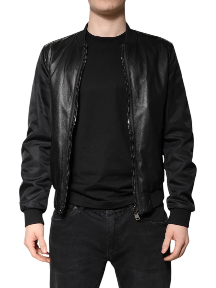 Black Lambskin Leather Biker Full Zip Jacket