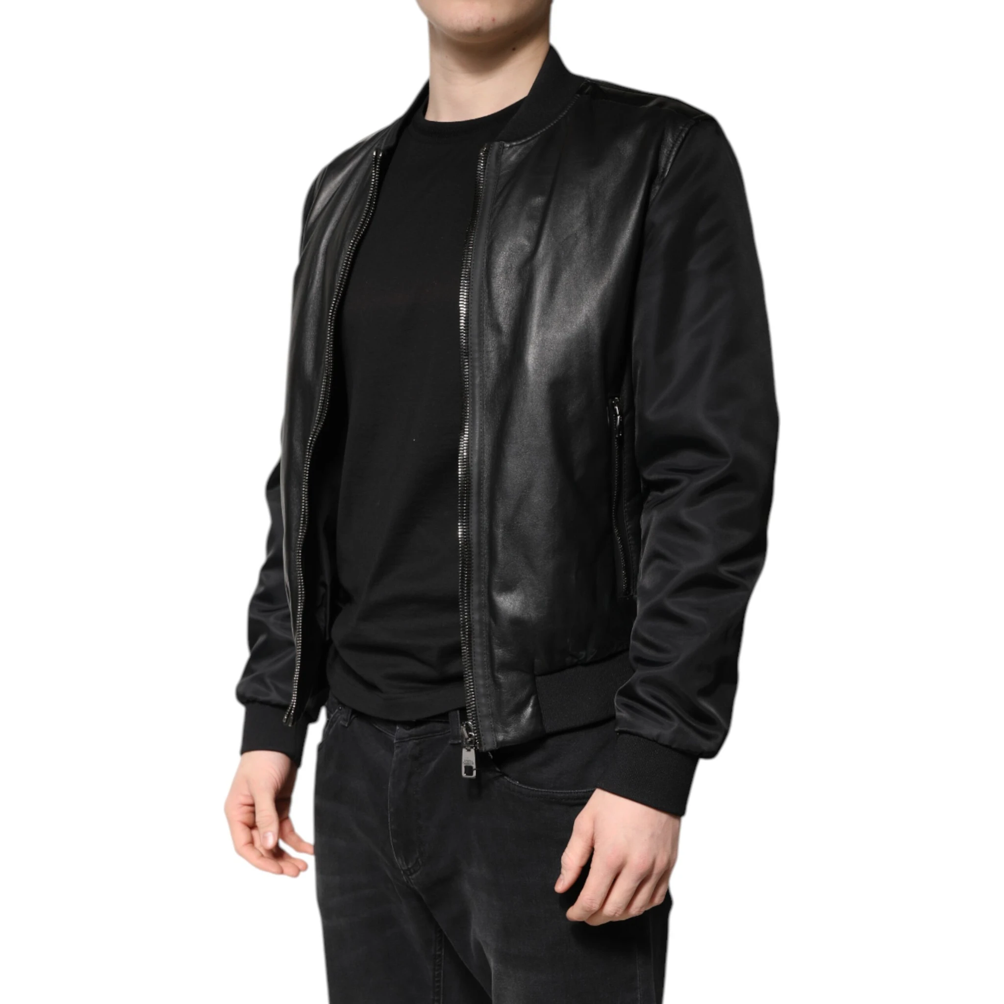 Black Lambskin Leather Biker Full Zip Jacket