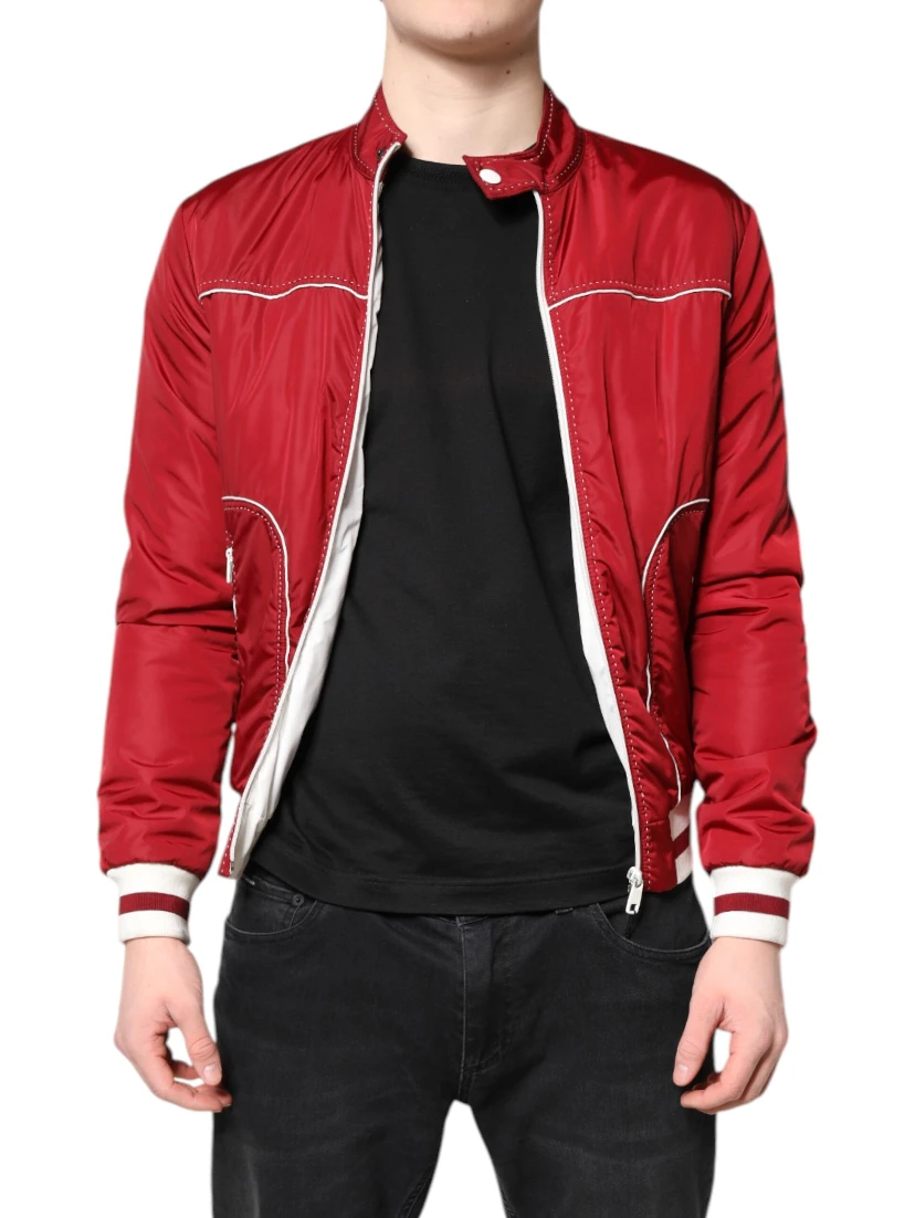 Red White Nylon Full Zip Men Bomber Jacket