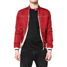 Red White Nylon Full Zip Men Bomber Jacket