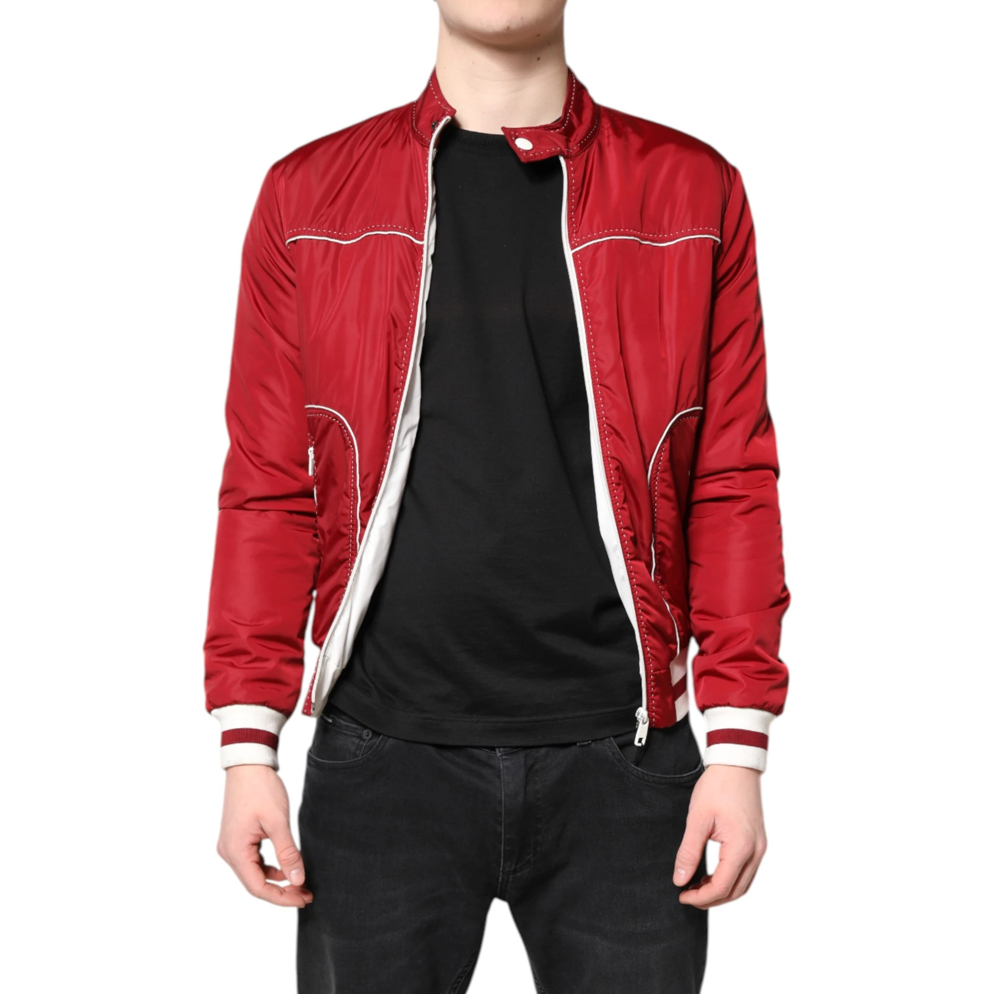 Red White Nylon Full Zip Men Bomber Jacket