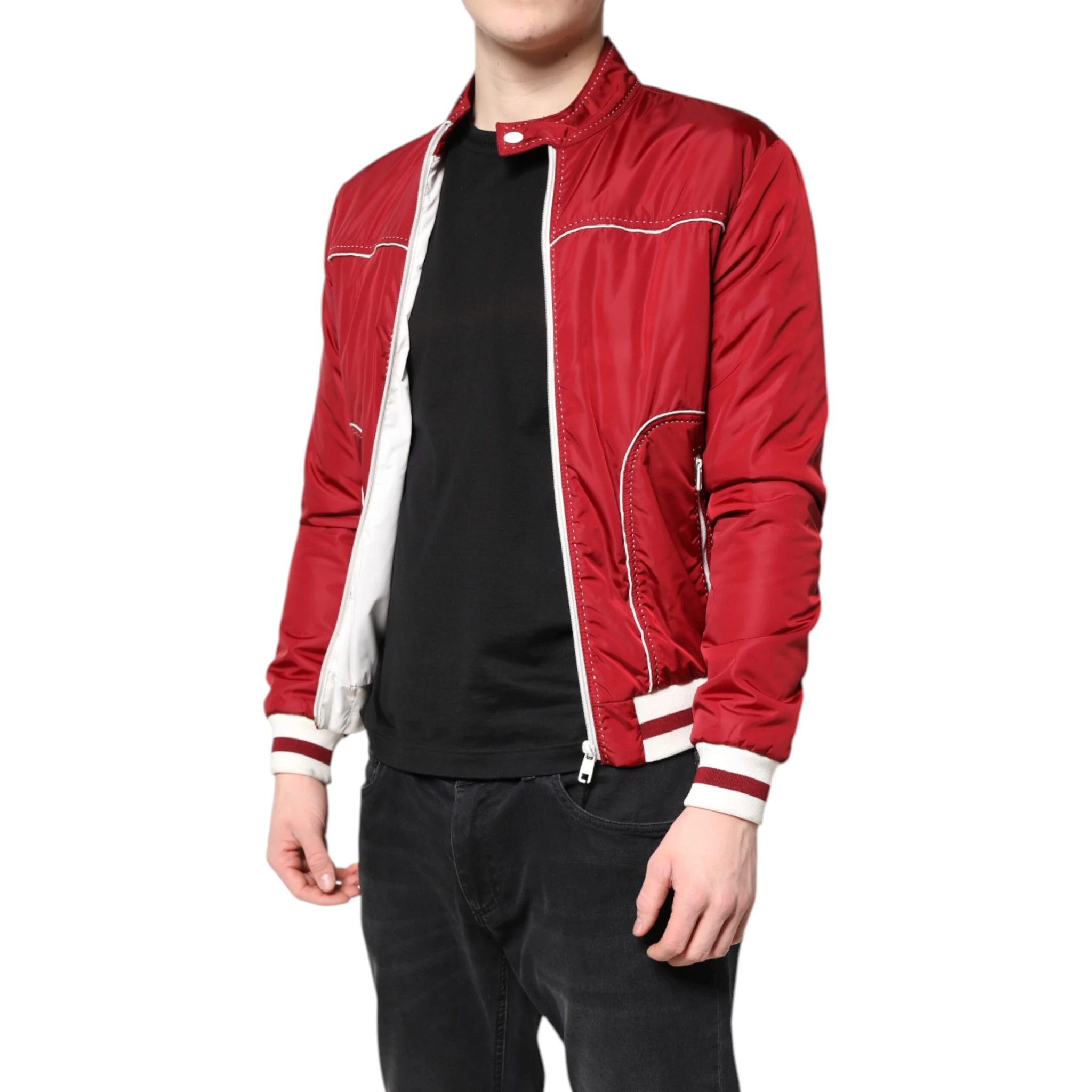 Red White Nylon Full Zip Men Bomber Jacket