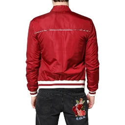 Red White Nylon Full Zip Men Bomber Jacket