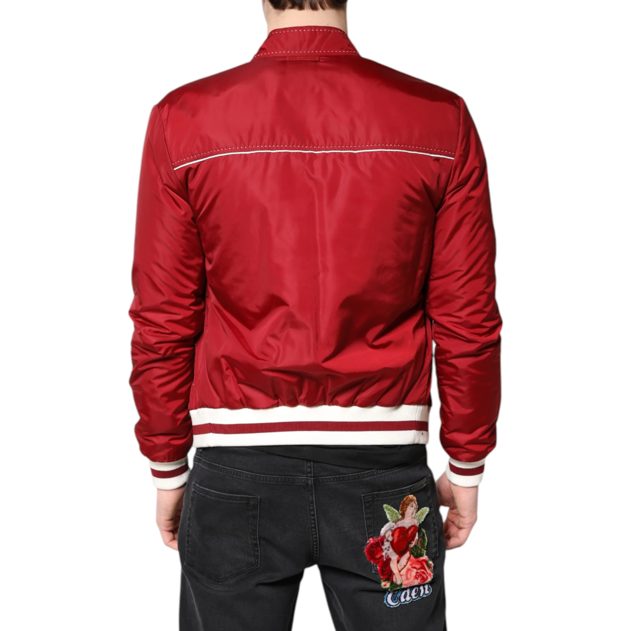 Red White Nylon Full Zip Men Bomber Jacket