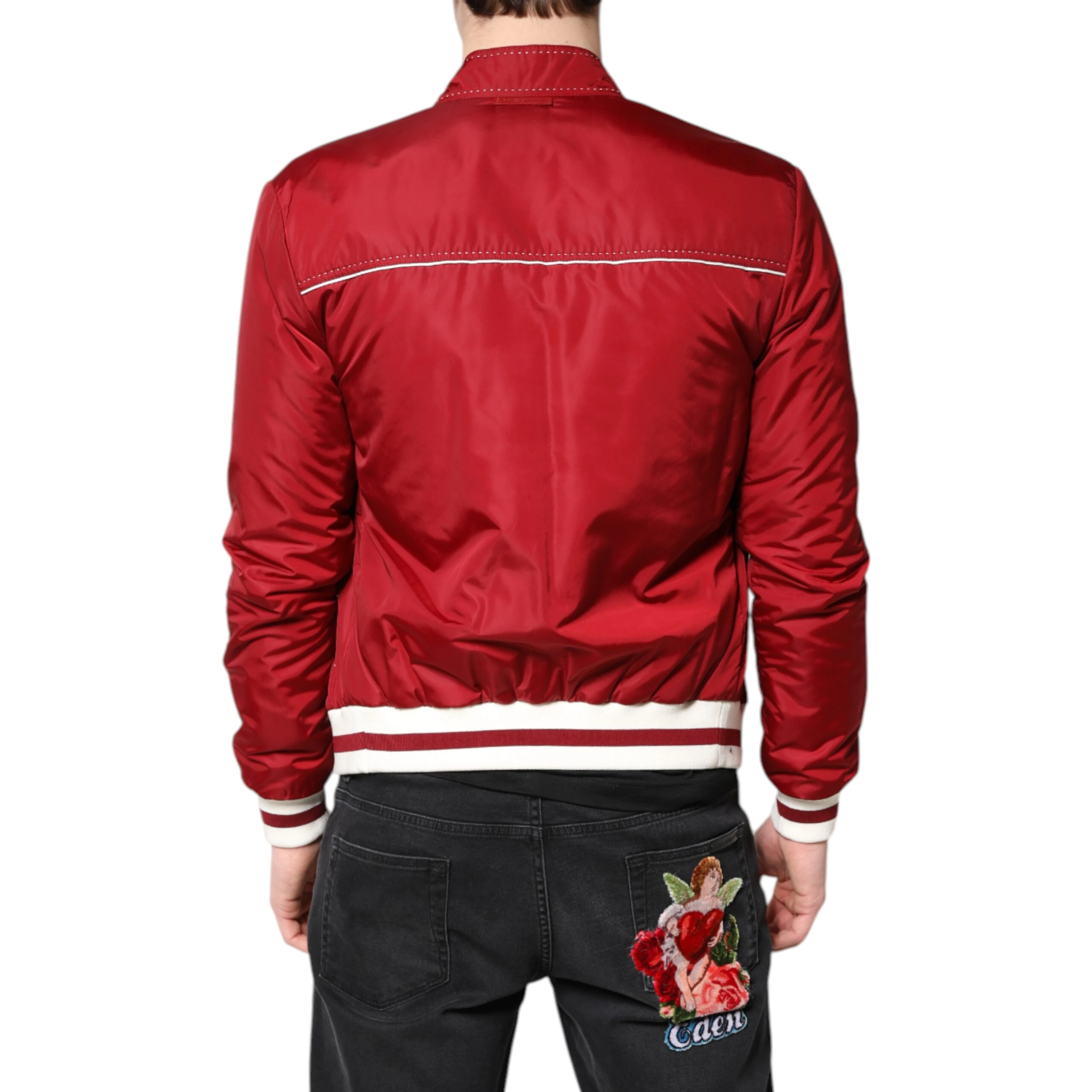 Red White Nylon Full Zip Men Bomber Jacket