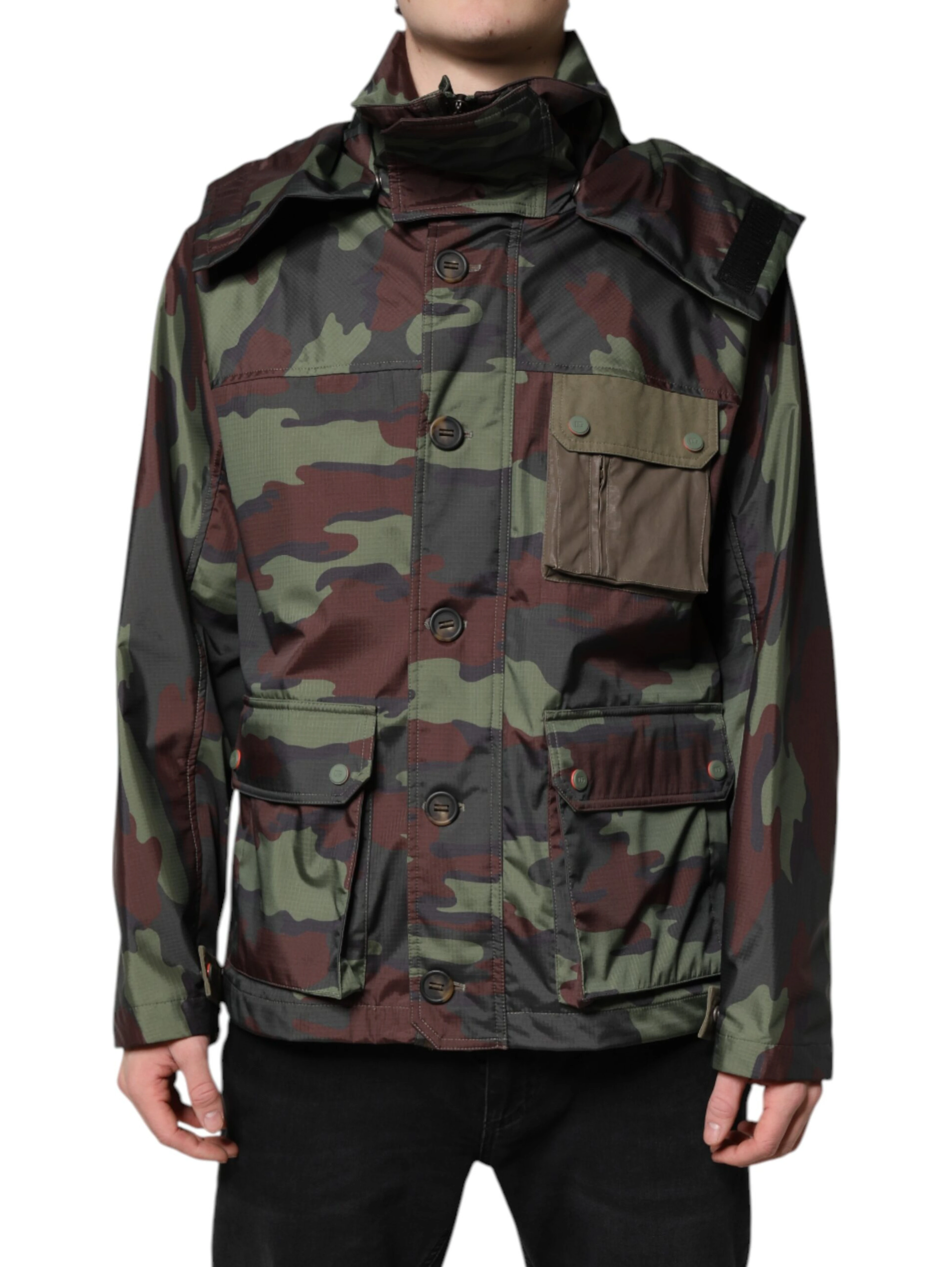 Multicolor Camouflage Button Hooded Jacket