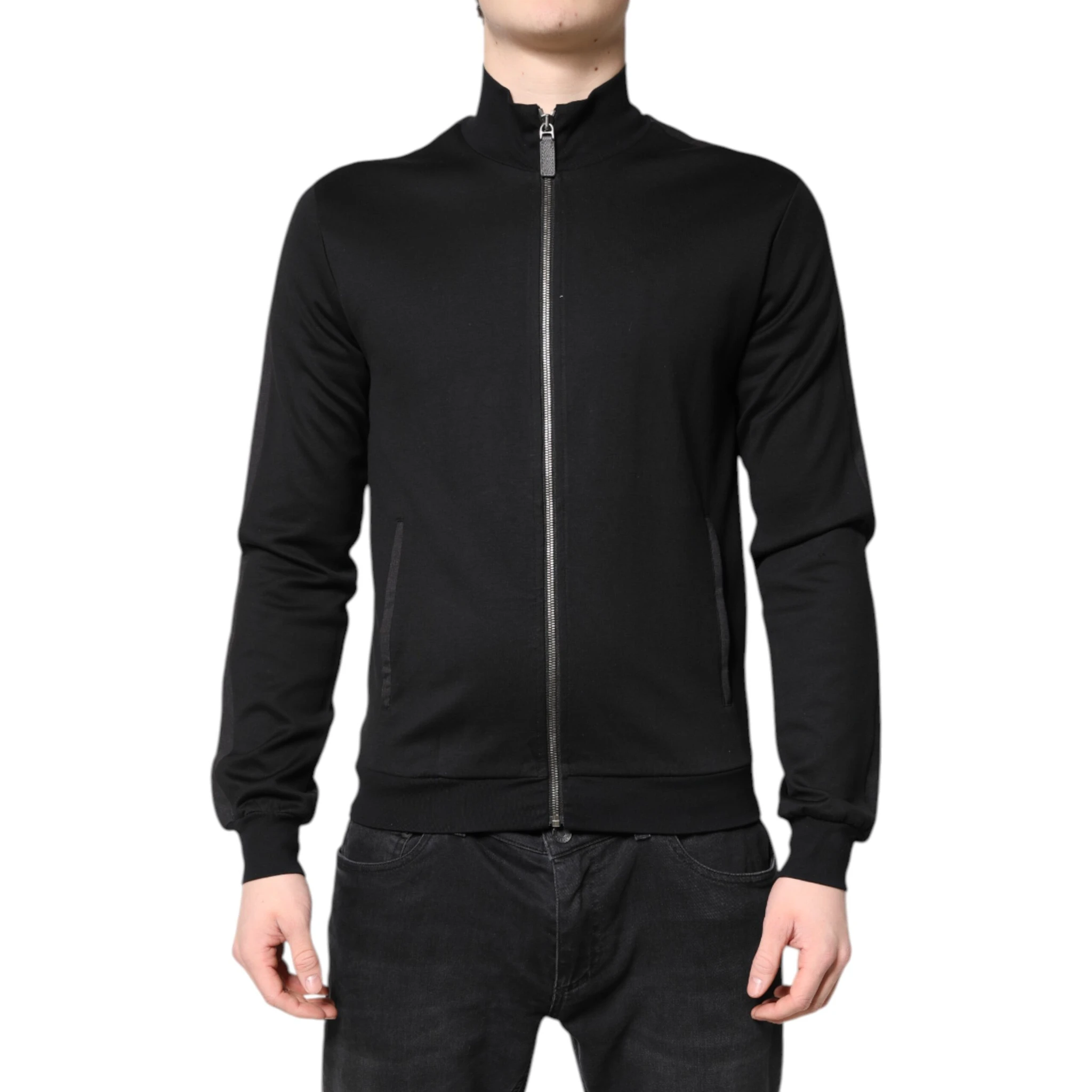 Black Cotton Logo Full Zip Men Bomber Jacket
