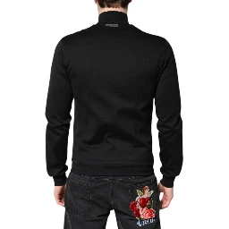 Black Cotton Logo Full Zip Men Bomber Jacket