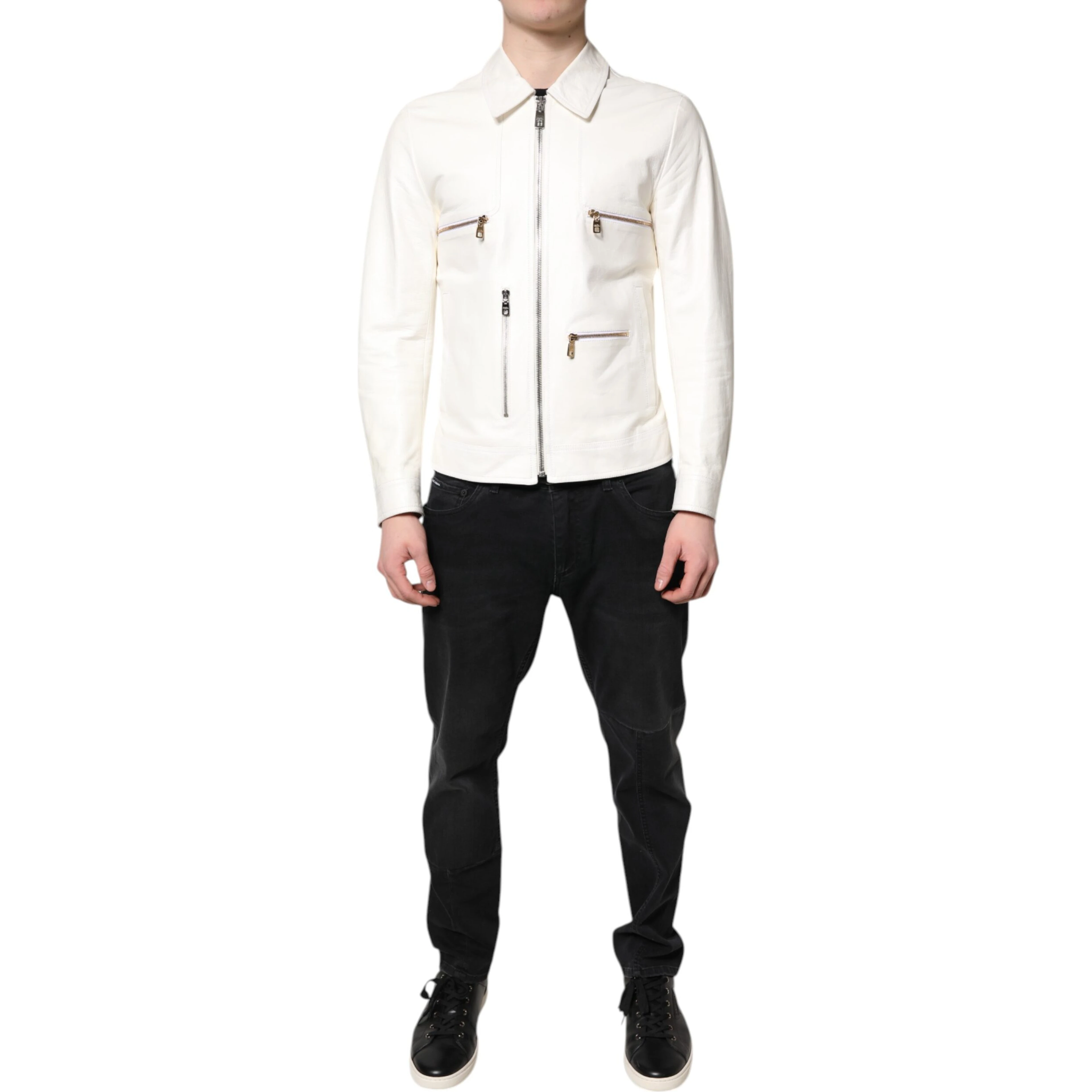 White Collared Full Zip Biker Coat Jacket