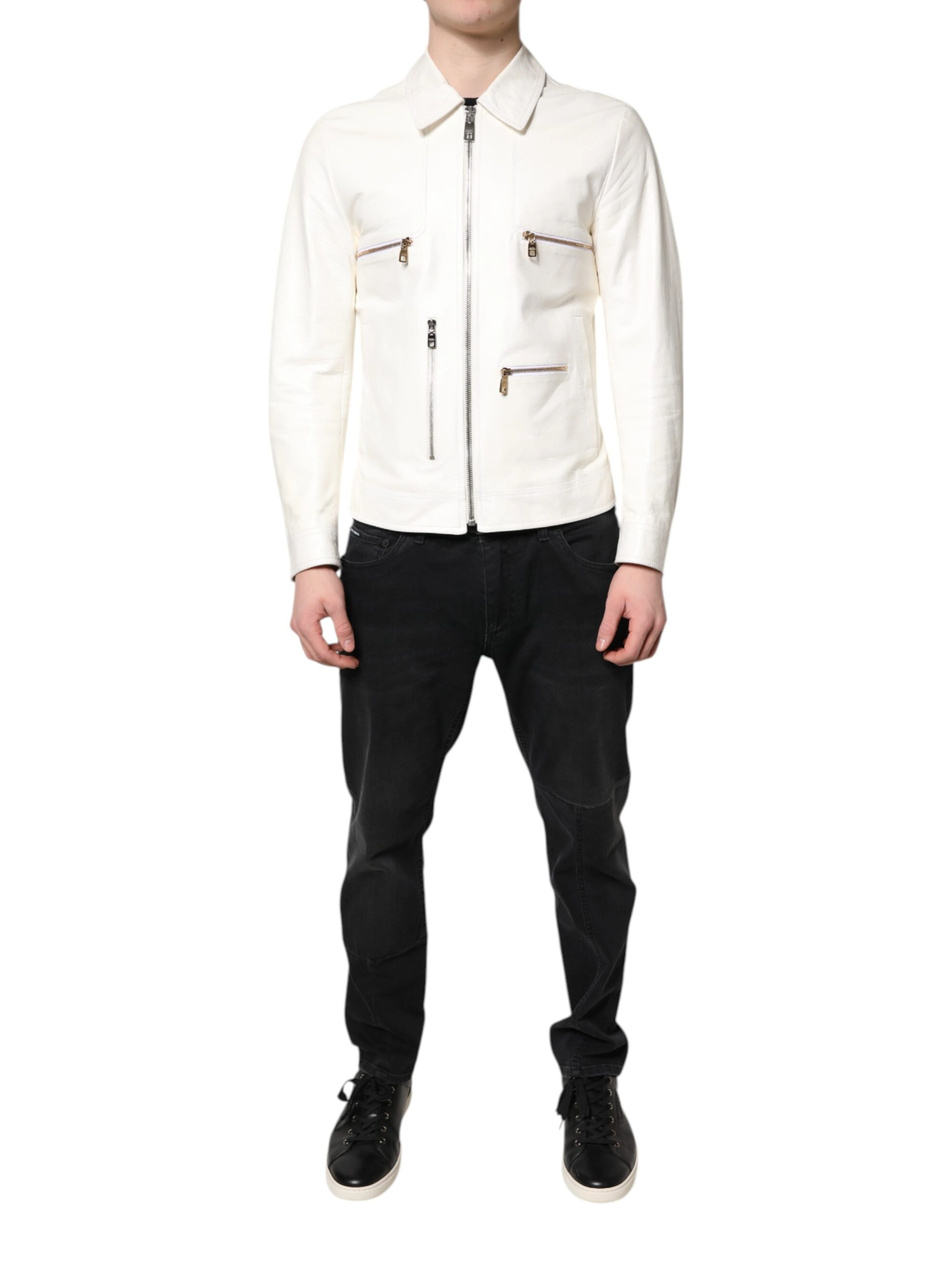 White Collared Full Zip Biker Coat Jacket