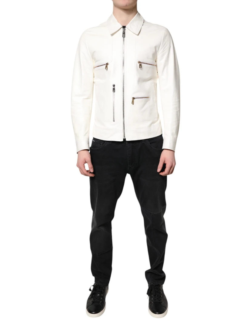 White Collared Full Zip Biker Coat Jacket