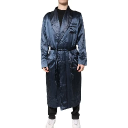 Blue Solid Silk Men Wrap Robe Coat Jacket