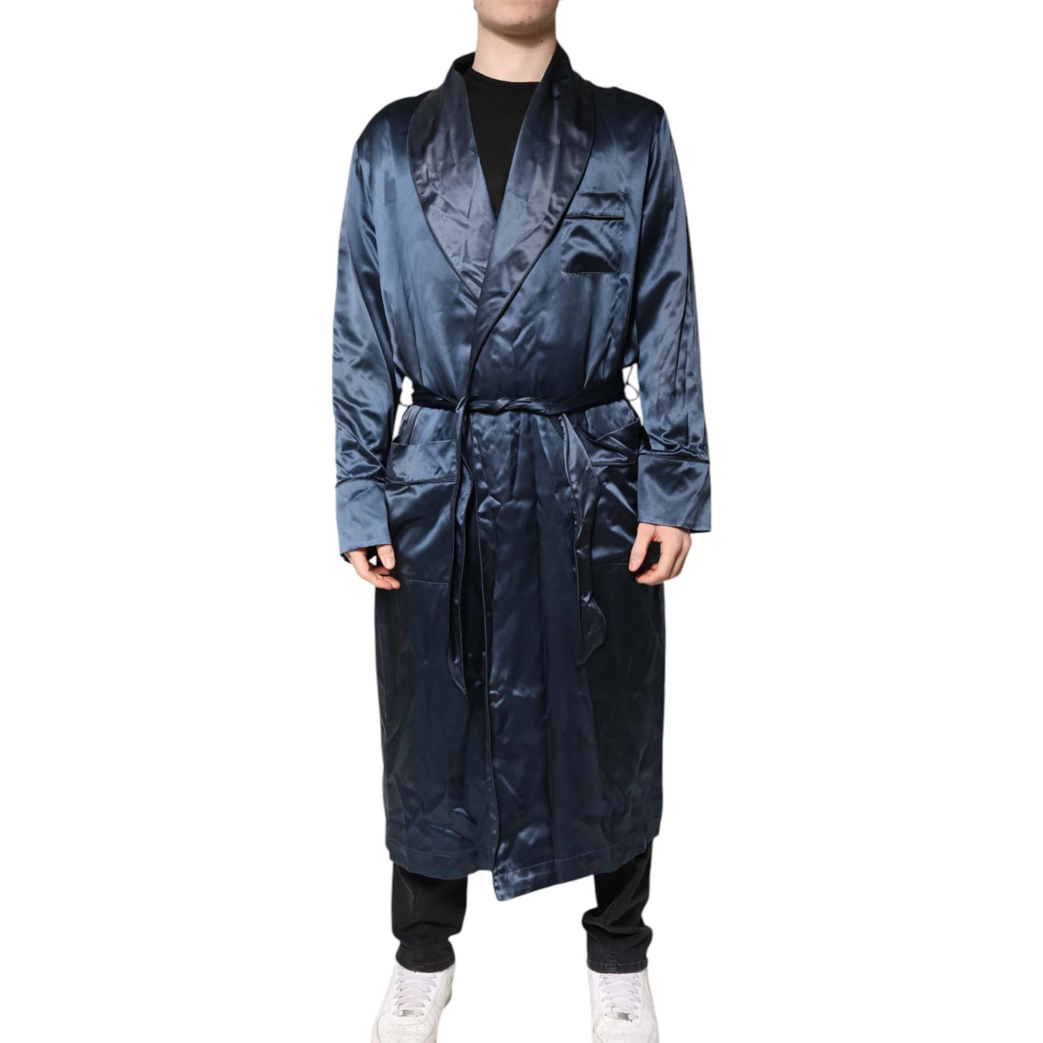 Blue Solid Silk Men Wrap Robe Coat Jacket