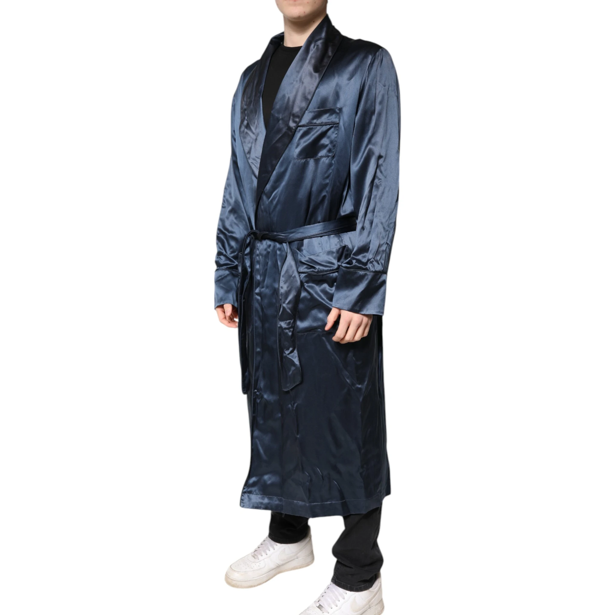 Blue Solid Silk Men Wrap Robe Coat Jacket