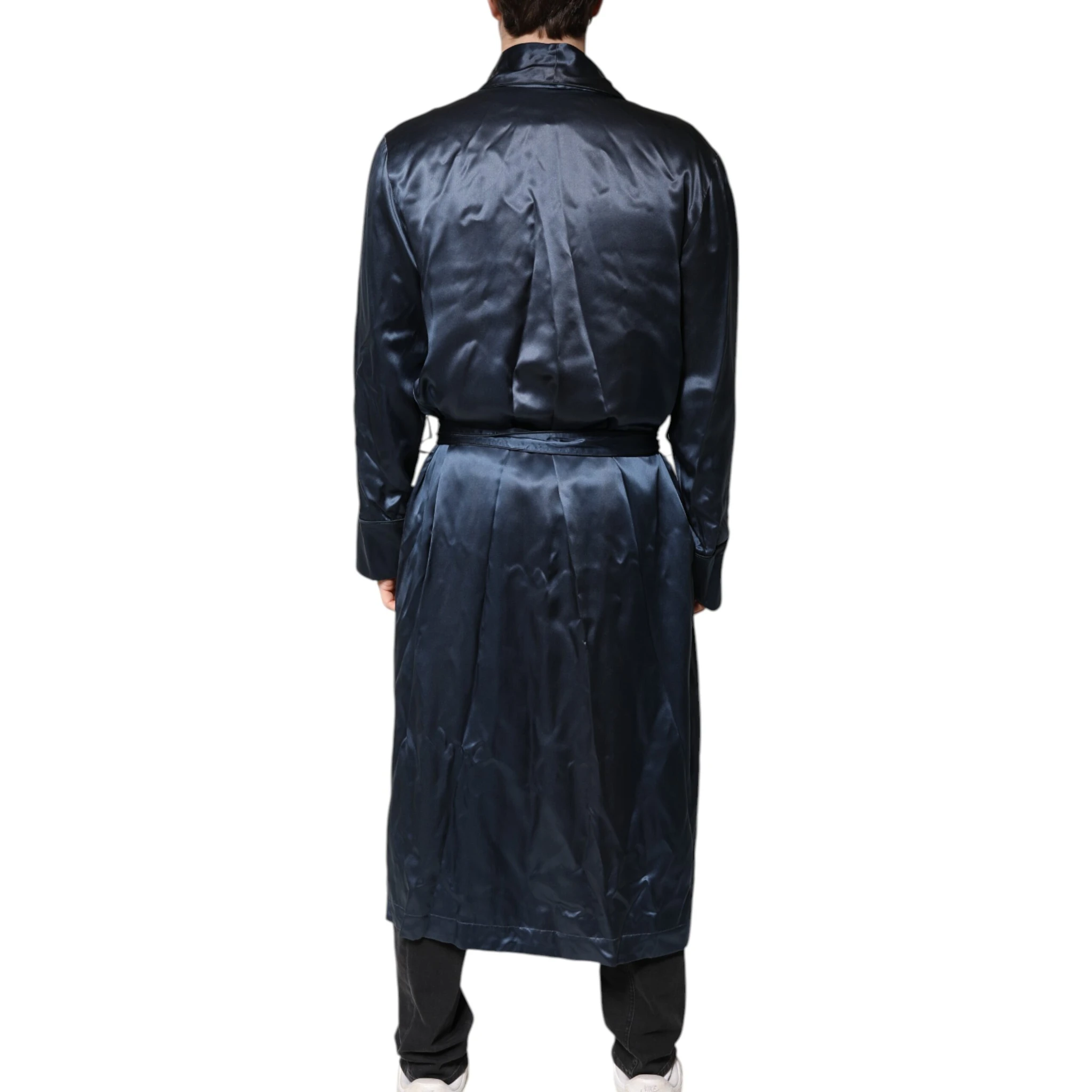 Blue Solid Silk Men Wrap Robe Coat Jacket