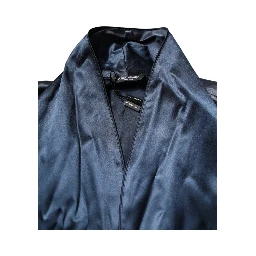 Blue Solid Silk Men Wrap Robe Coat Jacket
