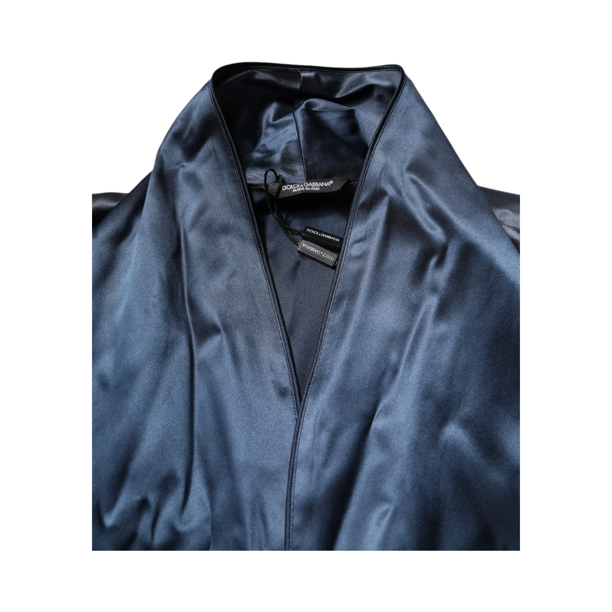 Blue Solid Silk Men Wrap Robe Coat Jacket