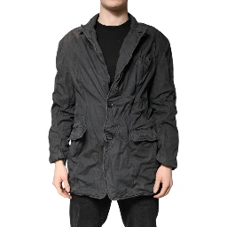 Black Solid Cotton Collared Coat Jacket