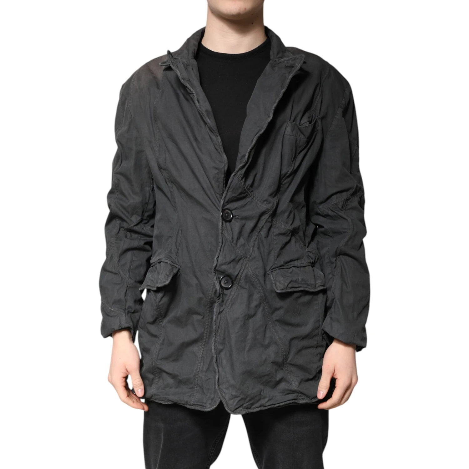 Black Solid Cotton Collared Coat Jacket