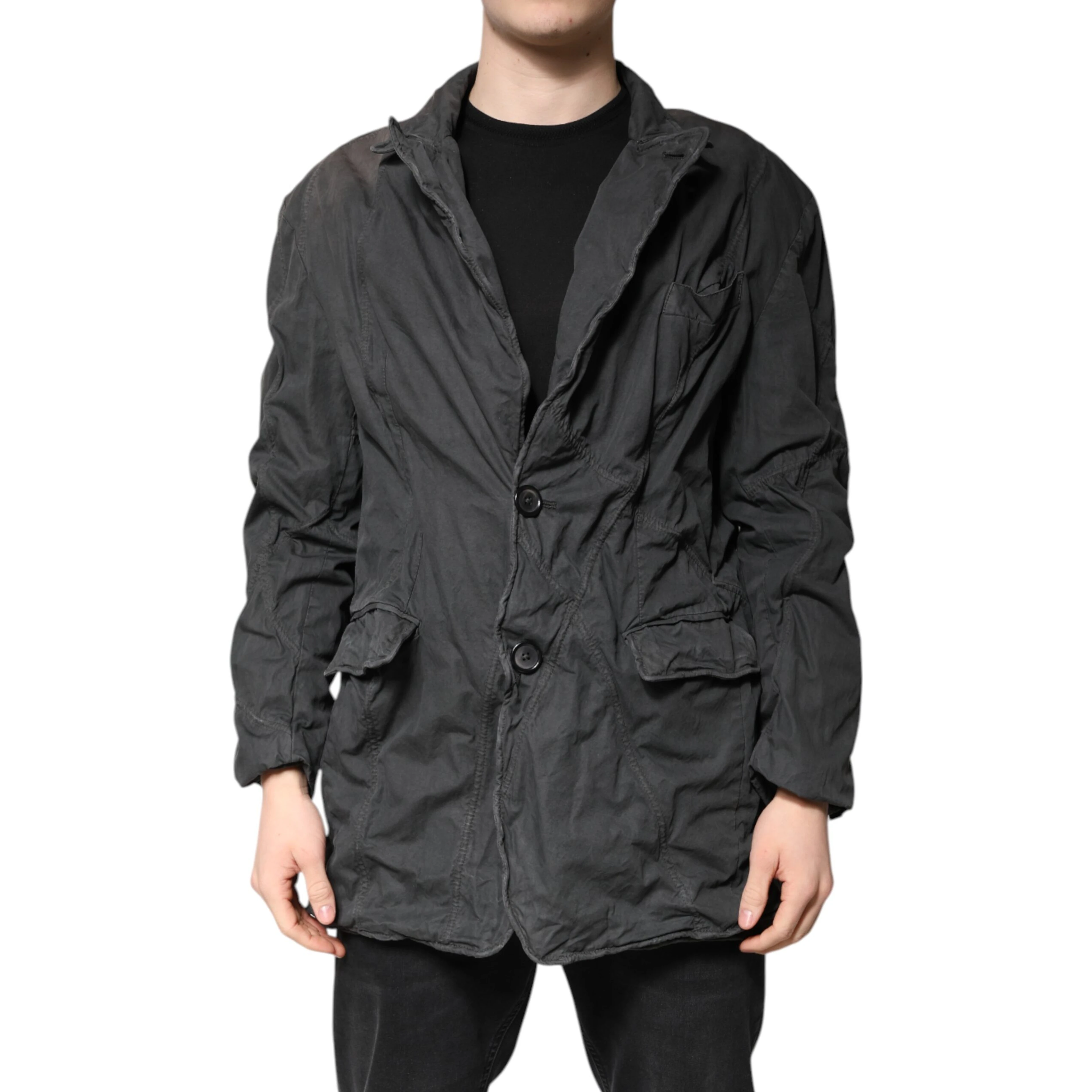 Black Solid Cotton Collared Coat Jacket