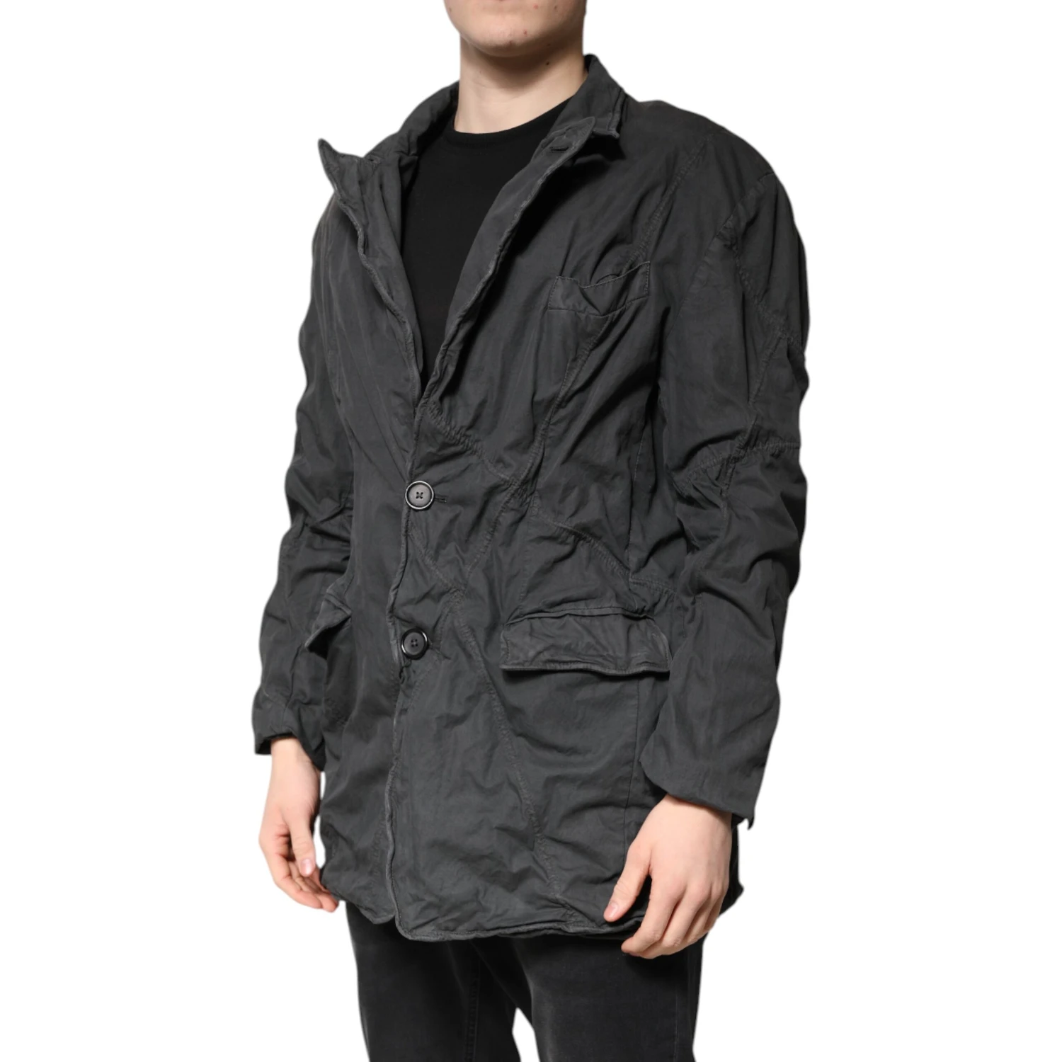 Black Solid Cotton Collared Coat Jacket