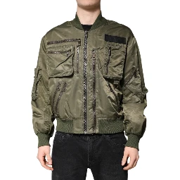 Green Nylon Full Zip Men Bomber Jacket