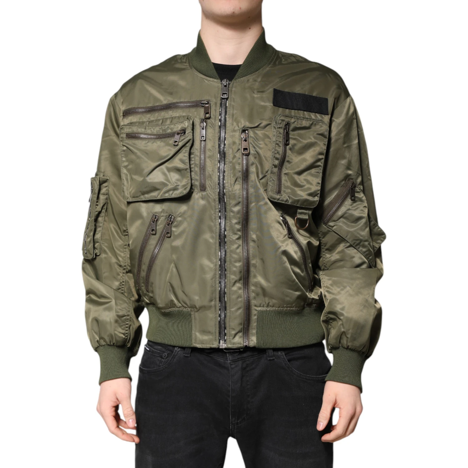 Green Nylon Full Zip Men Bomber Jacket