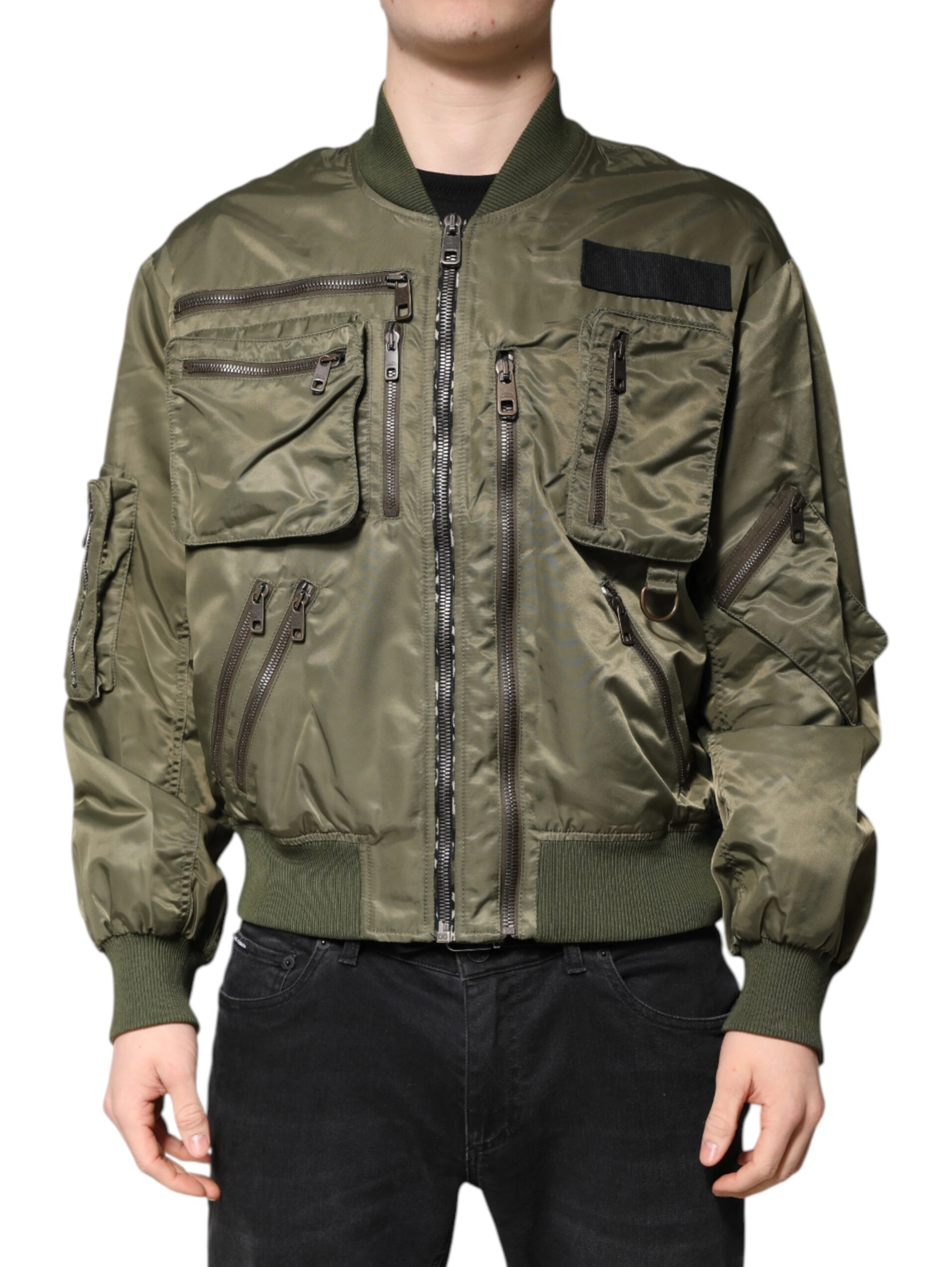 Green Nylon Full Zip Men Bomber Jacket