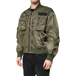 Green Nylon Full Zip Men Bomber Jacket
