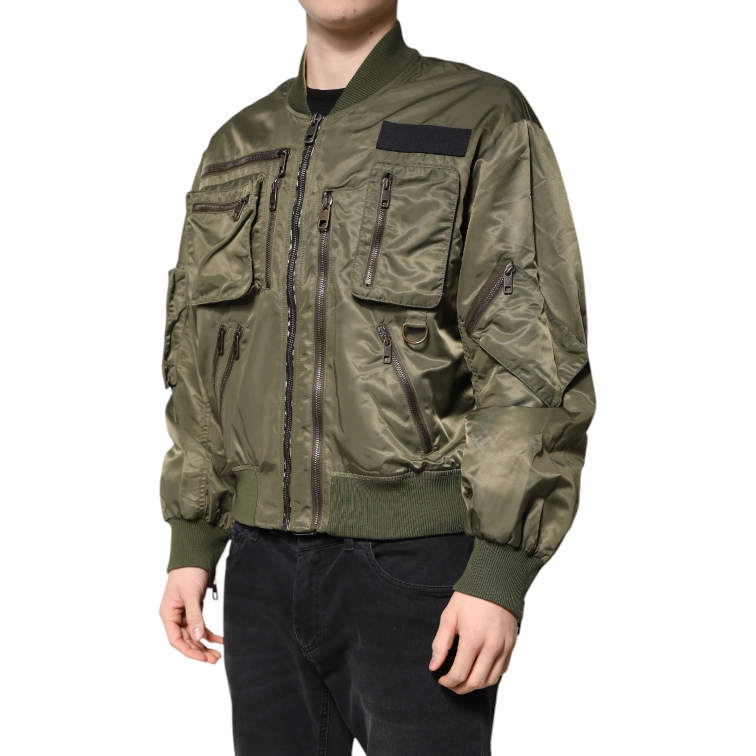 Green Nylon Full Zip Men Bomber Jacket