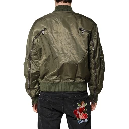 Green Nylon Full Zip Men Bomber Jacket