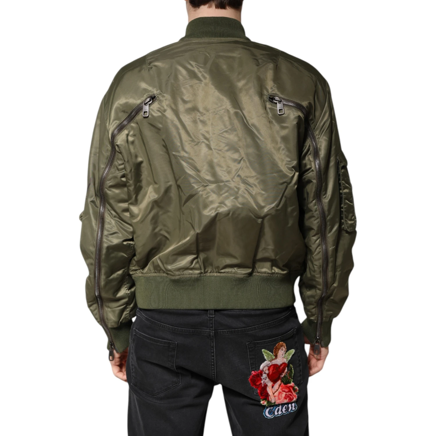 Green Nylon Full Zip Men Bomber Jacket