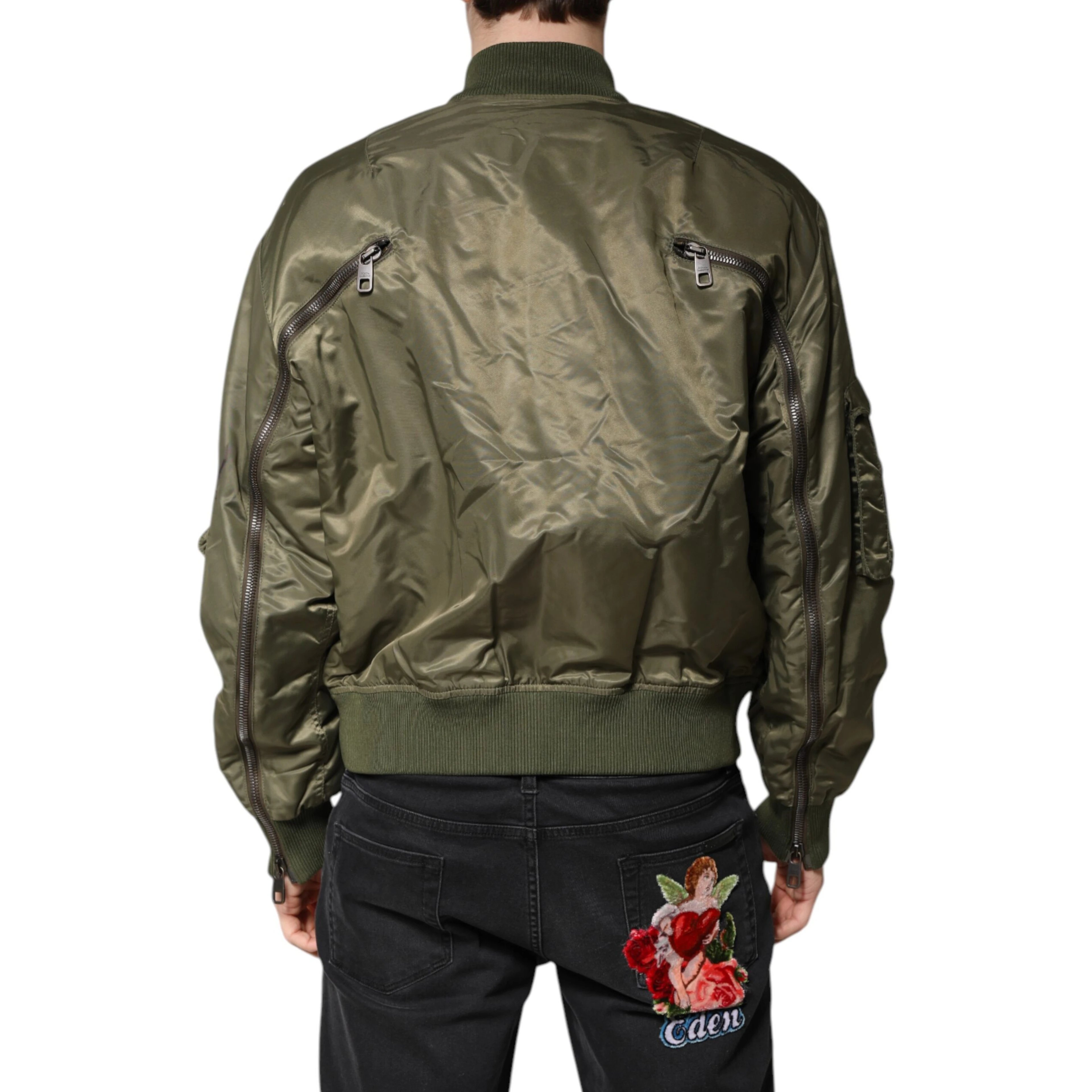 Green Nylon Full Zip Men Bomber Jacket