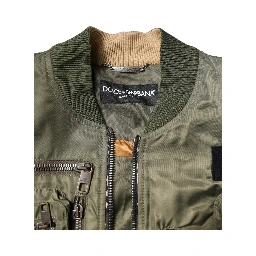 Green Nylon Full Zip Men Bomber Jacket