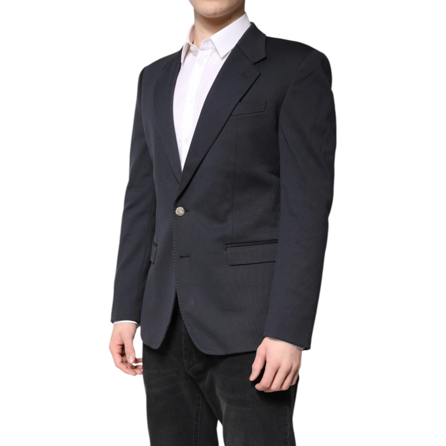 Dark Blue Cotton Men Jacket Coat Suit Blazer